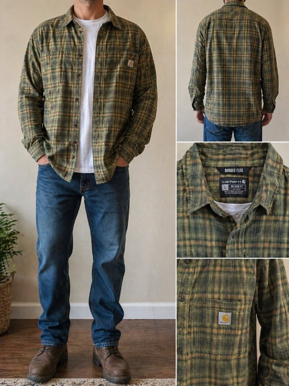 Carhartt Rugged Flex Plaid Shirt L Relaxed Fit Green Work Outdoor